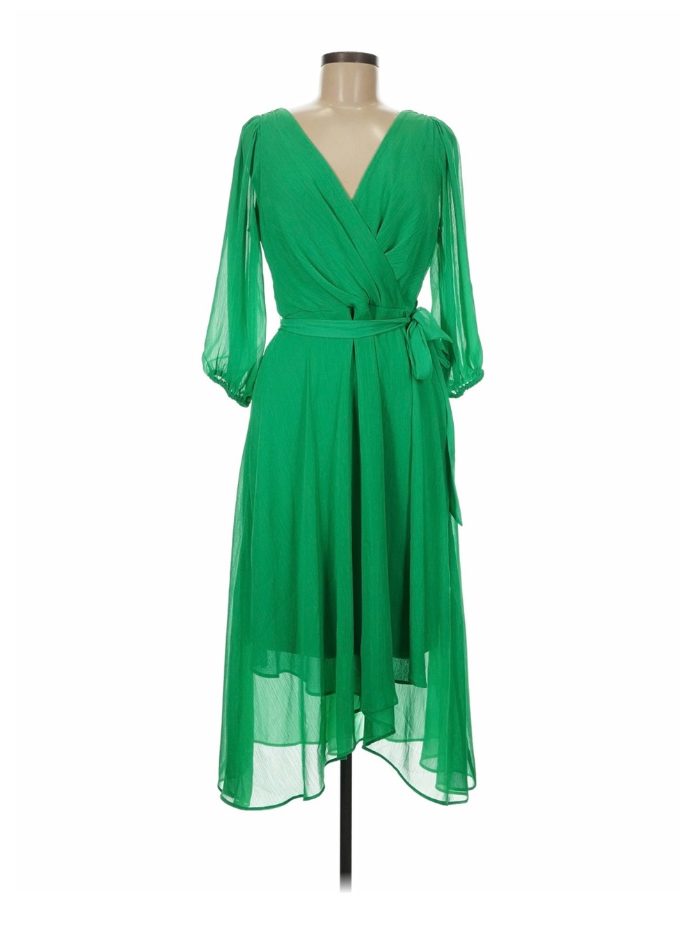 DKNYC Emerald Green Wrap Midi Dress with Sheer Long Sleeves